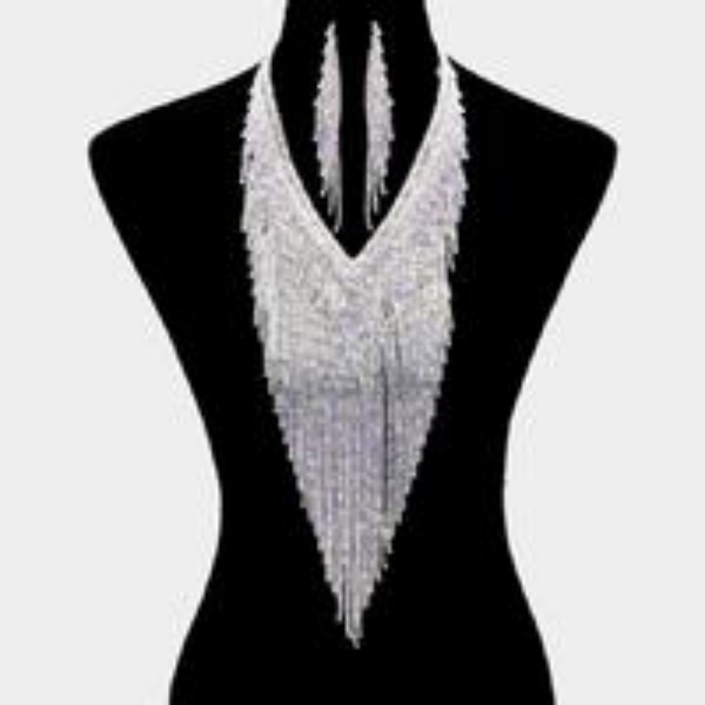 Formal Silver Fringe Necklace & Matching Earrings